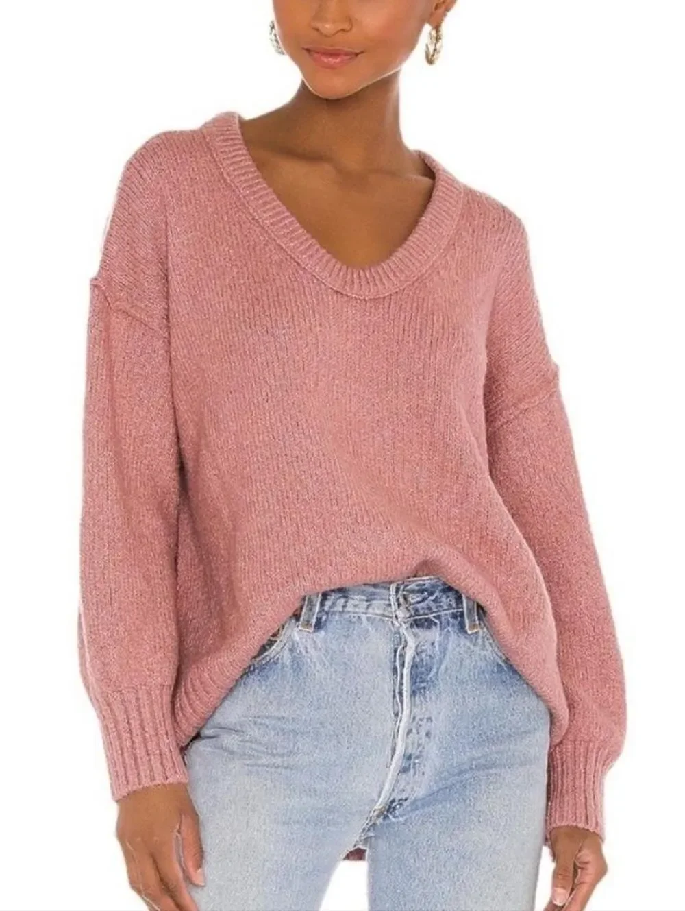 Free People Womens Alpine Rose Pink Brookside V-Neck Tunic Sweater Size Large